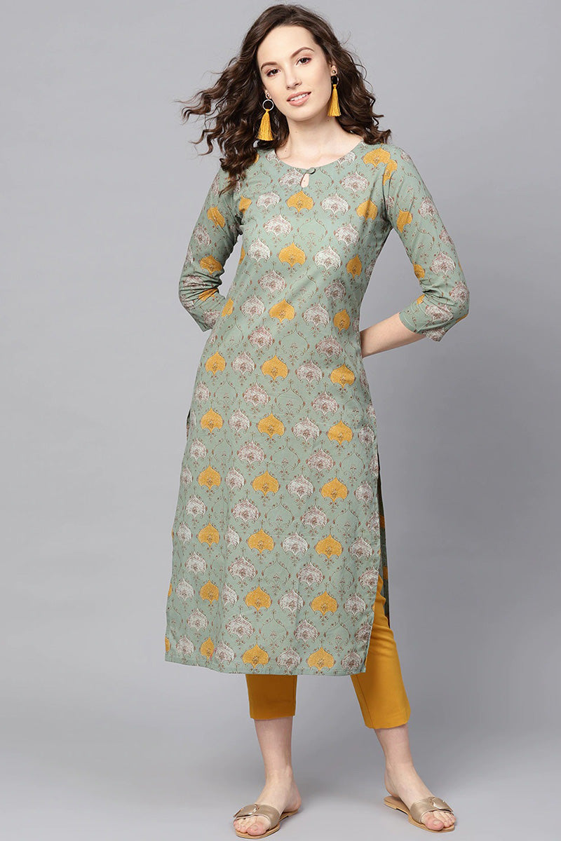 Green & Mustard Yellow Rayon Blend Printed Straight Kurta VCK1253