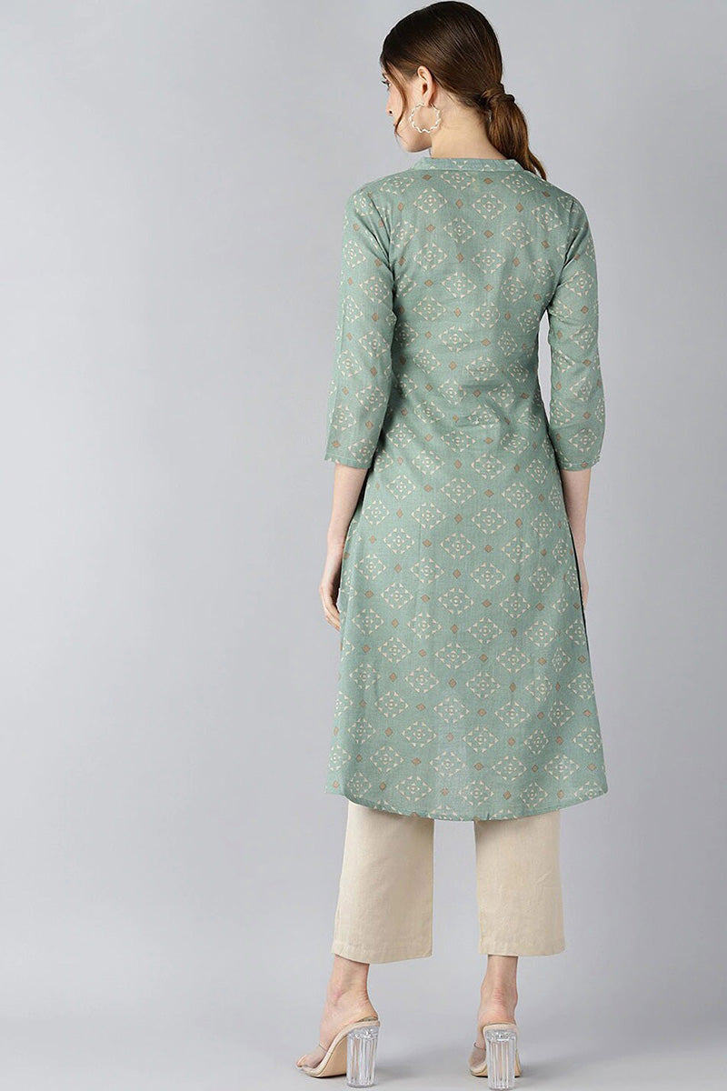  Women Green & Beige Printed A Line Kurta