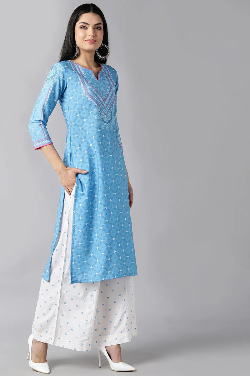  Women Blue Ethnic Motifs Printed Panelled Kurta with Skirt With Dupatta Set