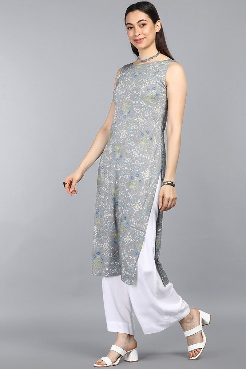  Women Grey Floral Embroidered Thread Work Kurta