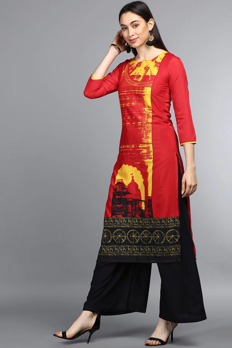  Women Regular Wear Red Color Crepe Fabric Printed Fancy Kurti