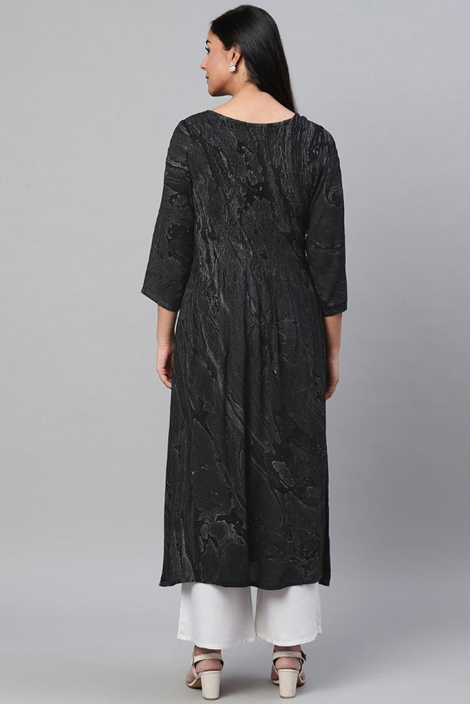   Black Abstract Printed Gathered A Line Kurta