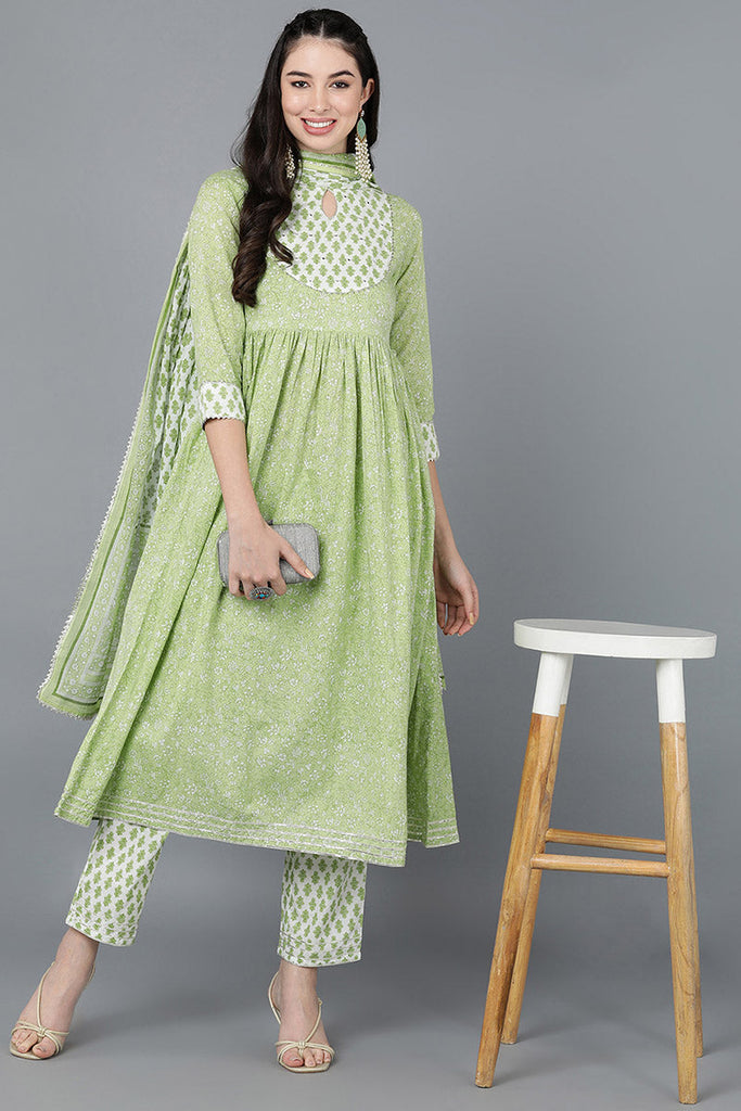  Women Green Pure Cotton Printed Kurta Trousers With Dupatta 