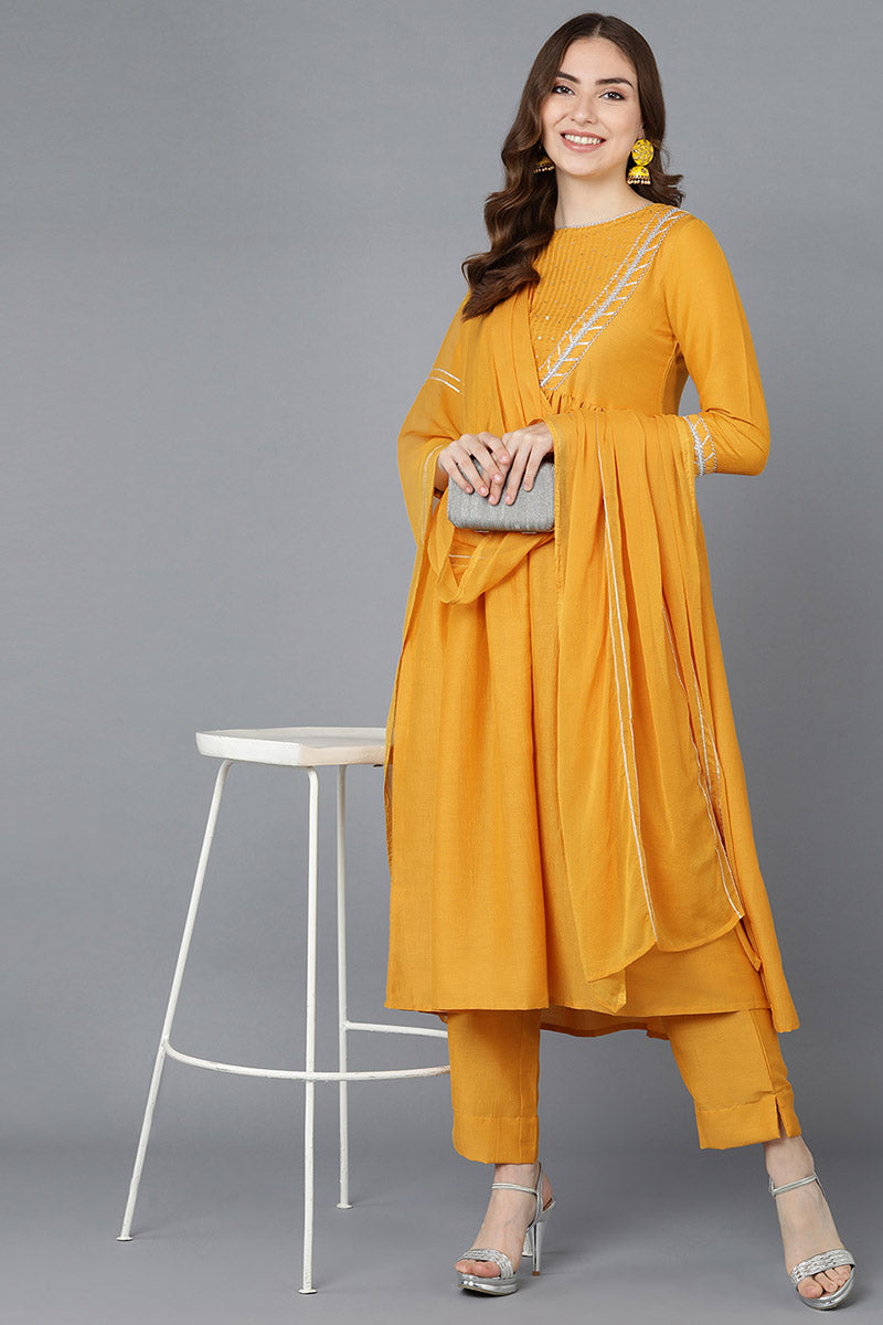  Women Mustard Poly Silk Embroidered Kurta Trousers With Dupatta 