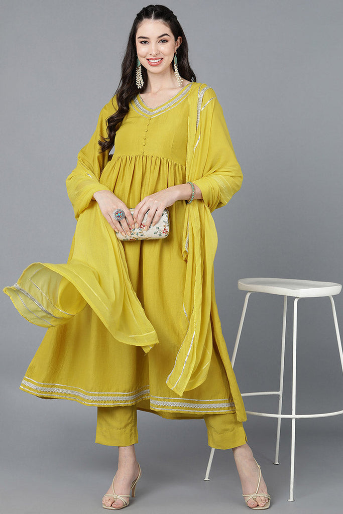  Women Yellow Poly Silk Embroidered Kurta Trousers With Dupatta 