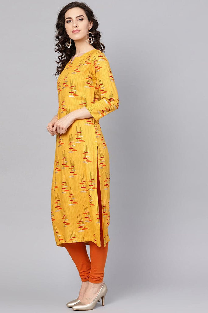   Beautiful Printed Mustard Color Cotton Fabric Kurti