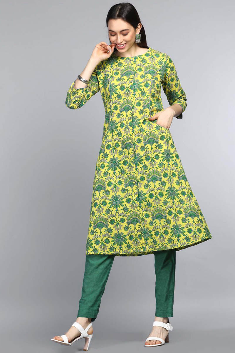   Cotton Printed Simple Function Wear Green Kurti