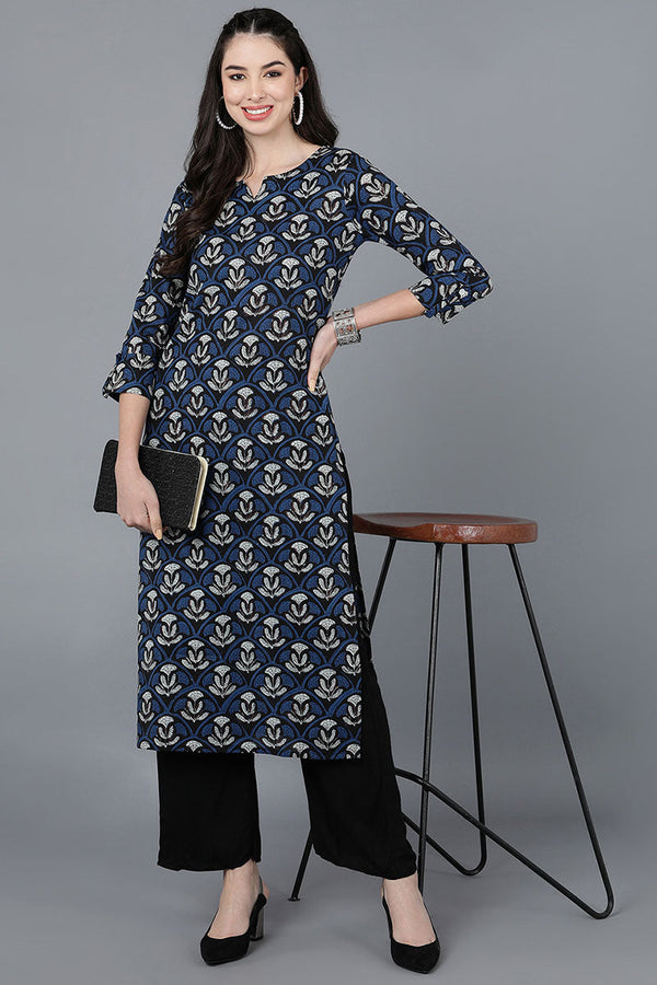  Women Cotton Navy Blue Printed Kurtas 