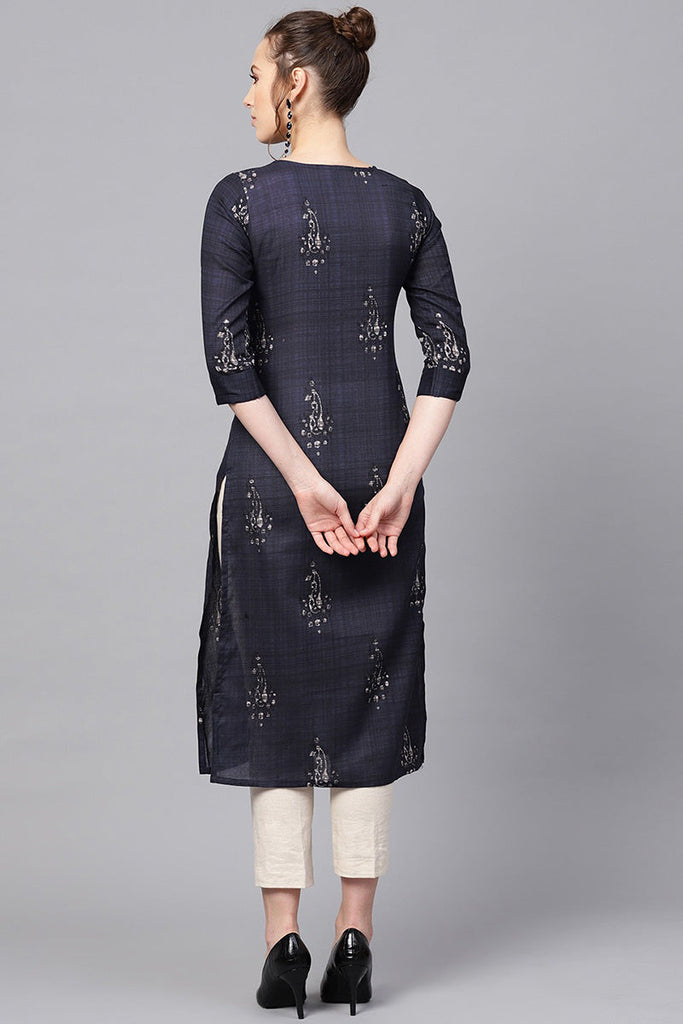   Navy Blue and Off-White color Printed Straight Kurta