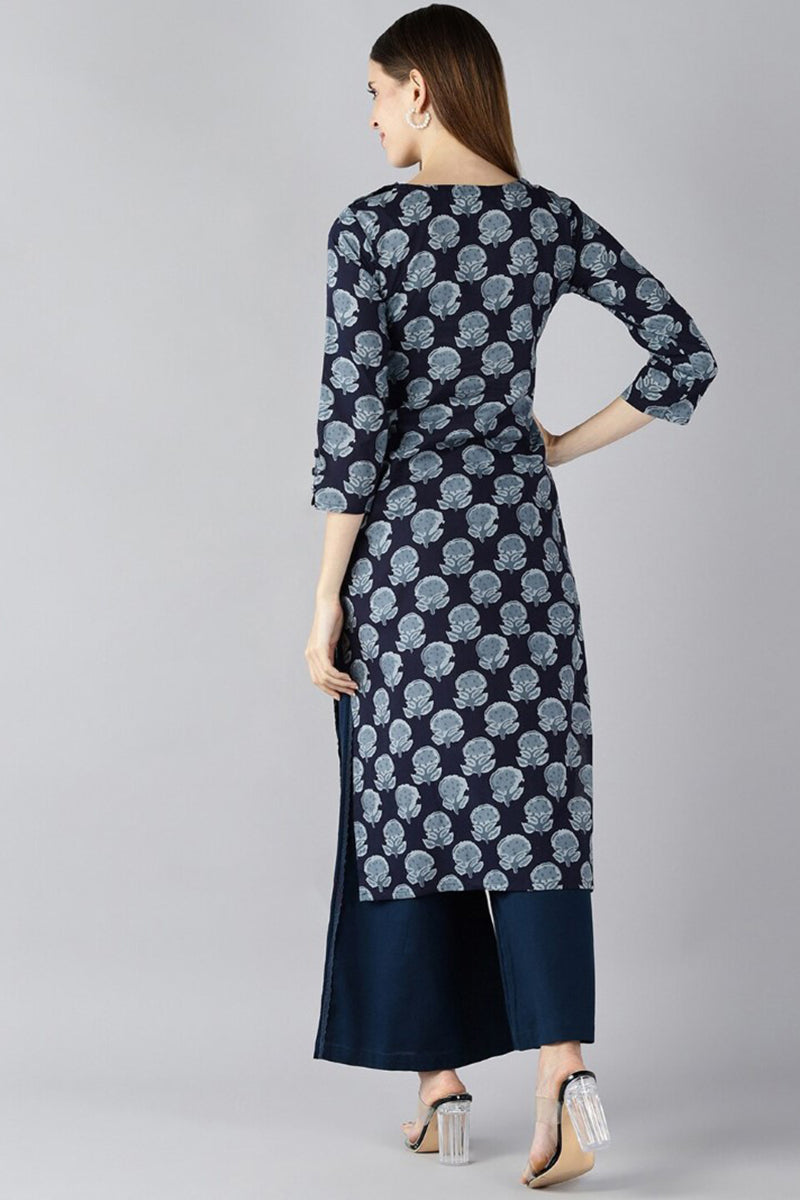   Navy Blue Floral Screen Printed Straight Kurta