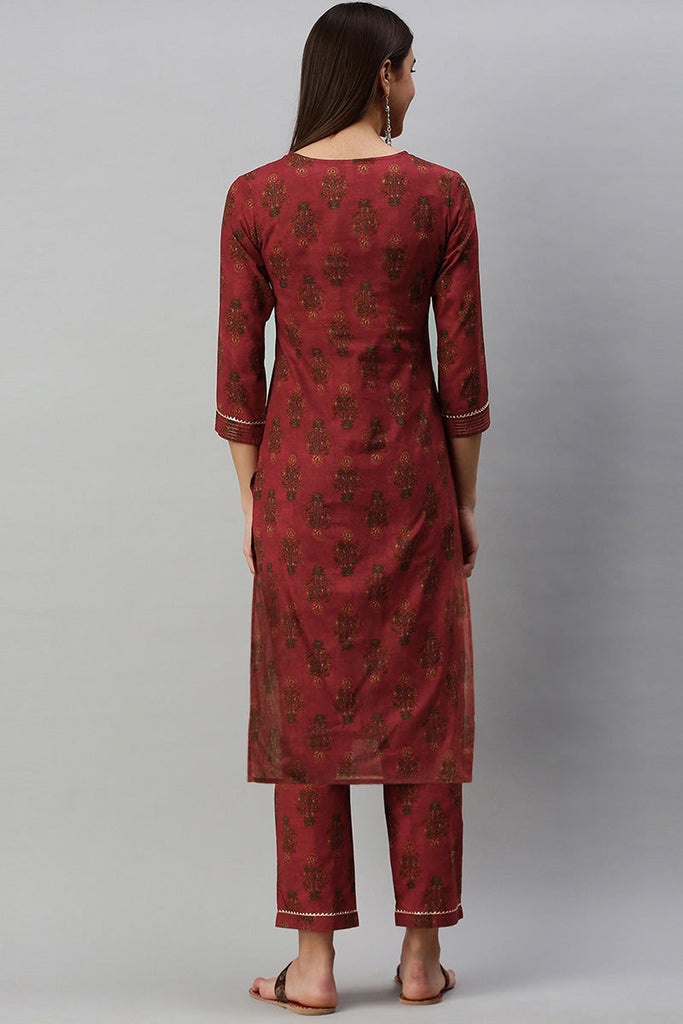   Cotton Maroon Ethnic Motifs Printed Straight Kurta Palazzo Set