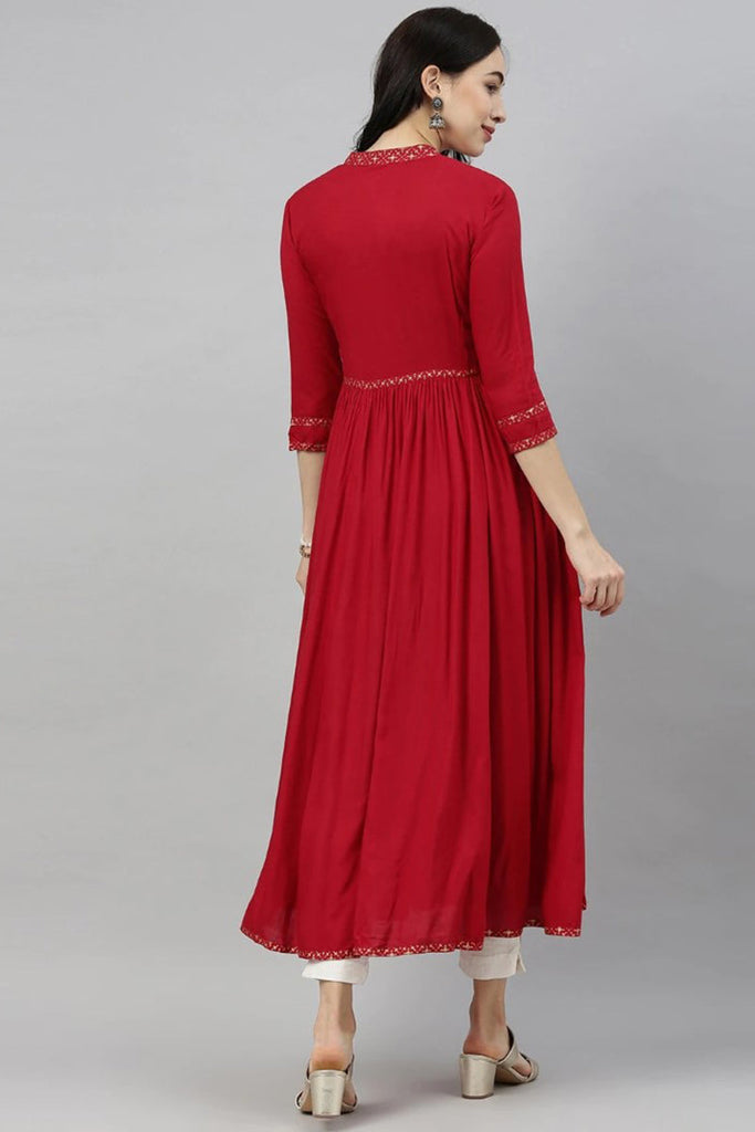  Women Red Solid Mandarin Collar Kurta