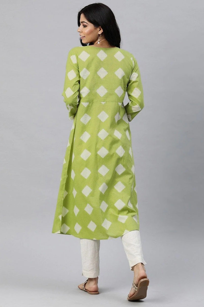   Green And White Cotton Printed A Line Kurta