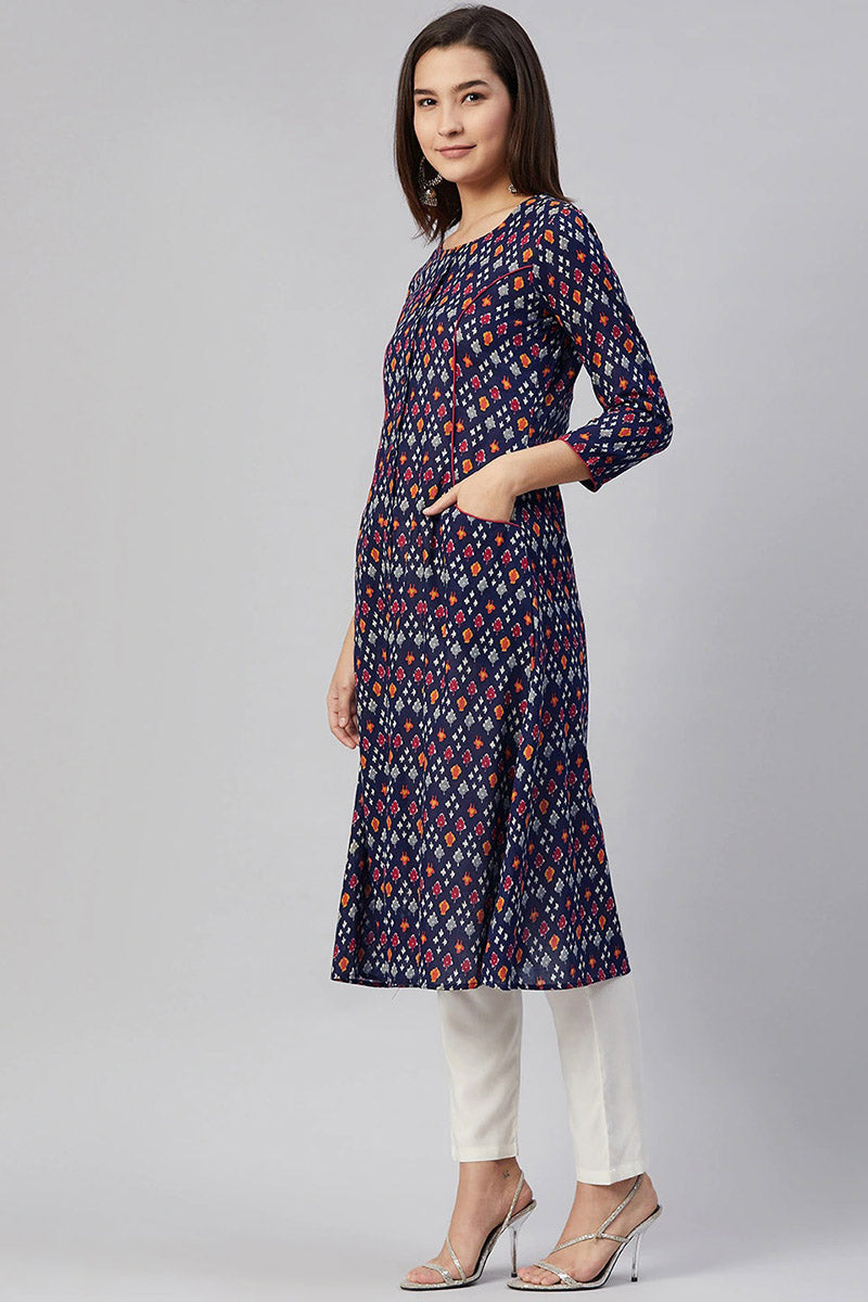  Women Cotton Navy Blue Ethnic Motifs Printed A-Line