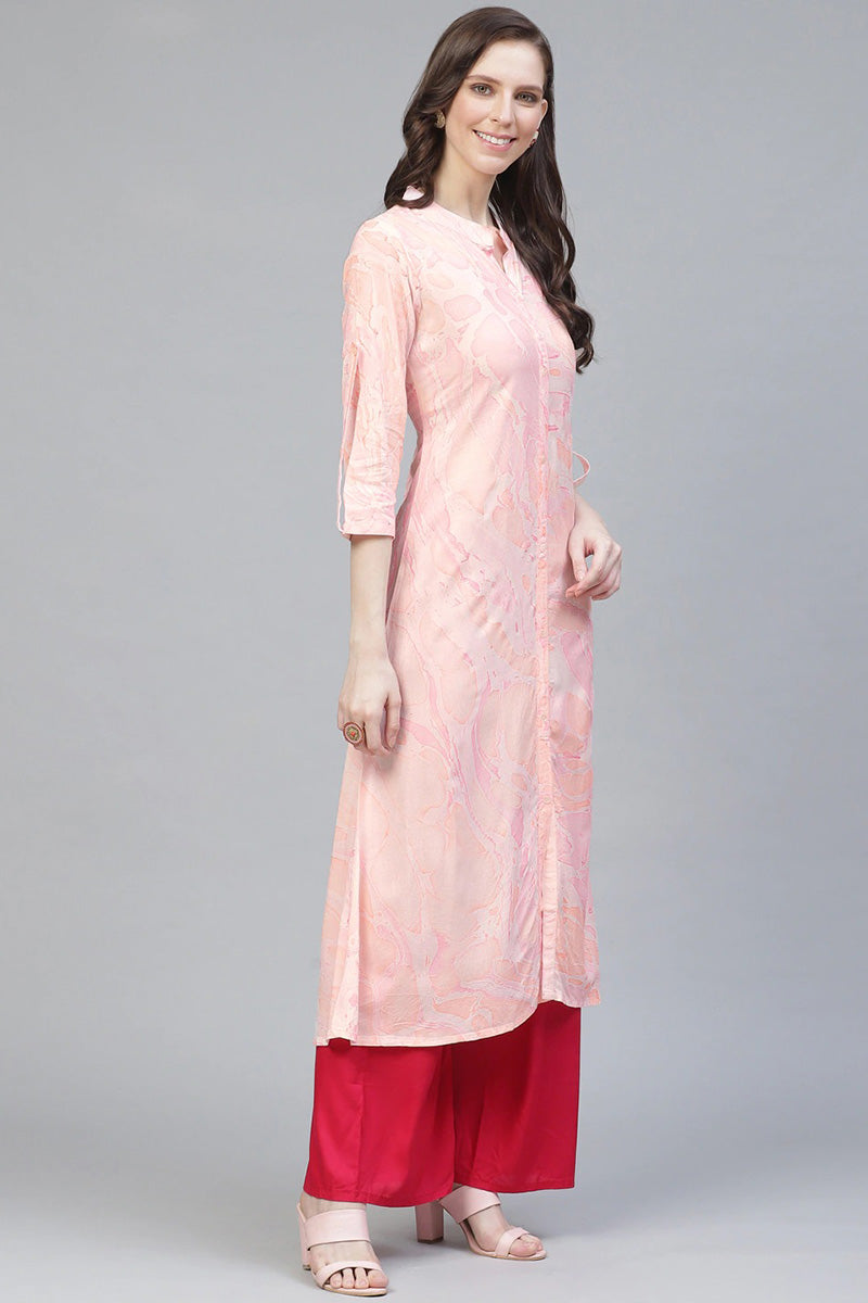  Women Pink Orange Printed A Line Kurta