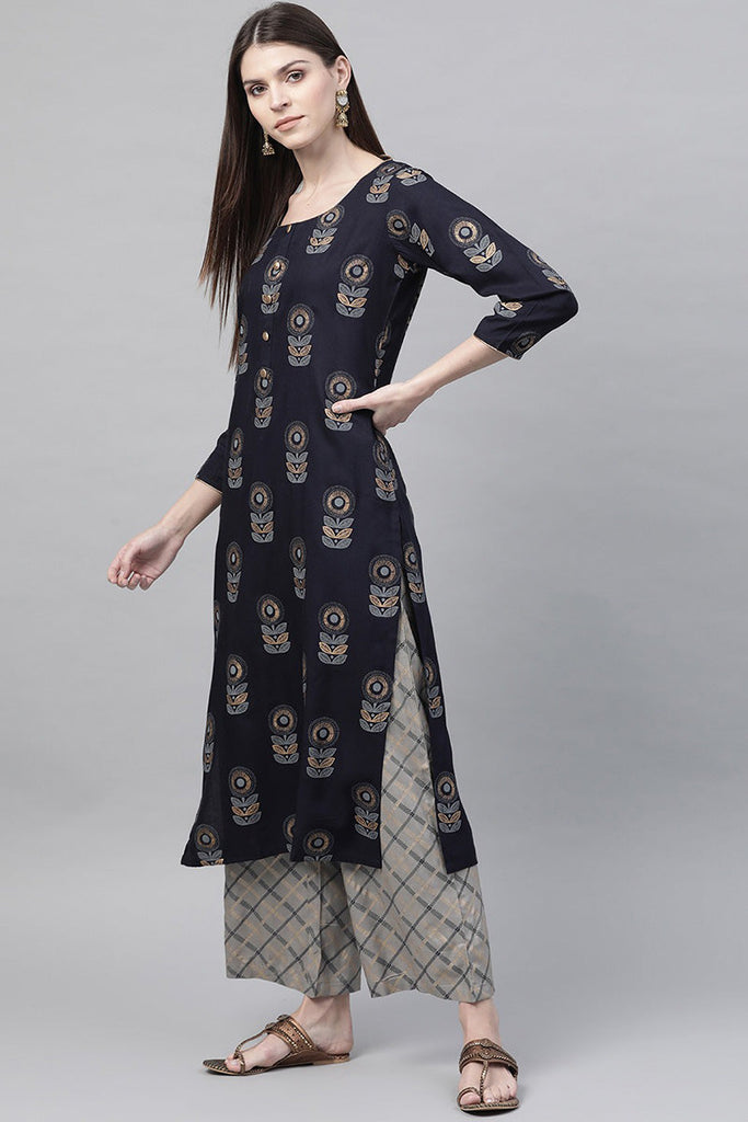   Regular Wear Cotton Printed Navy Blue Kurta & Palazzo Set 