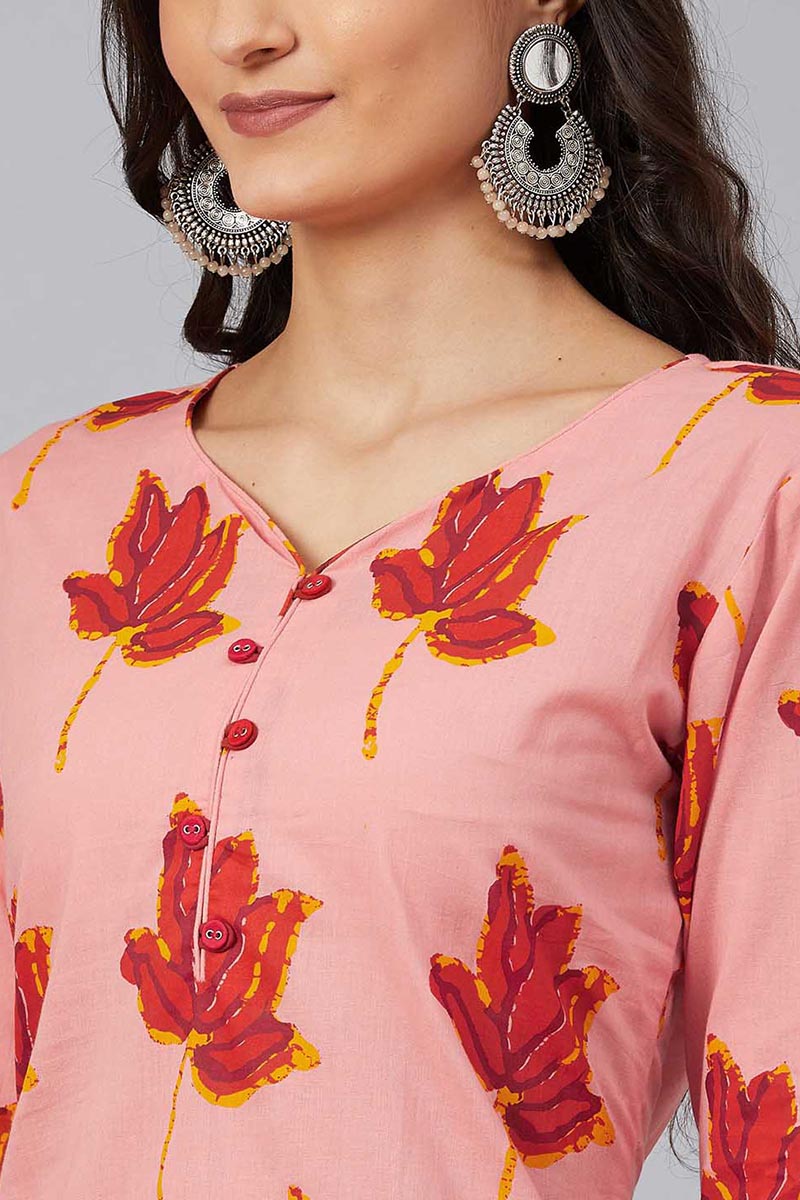   Pink & Red Screen Floral Printed Straight Kurta