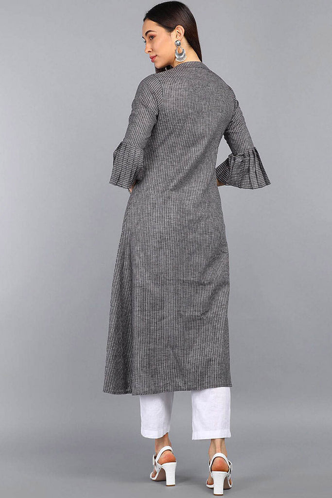   Charcoal Grey & White Striped A Line Kurta