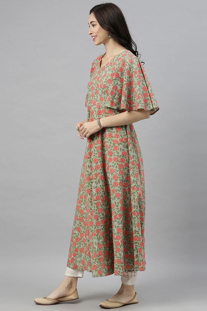  Women Green Pink Floral Printed Flared Sleeves Kurta