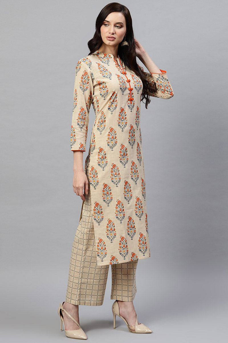   Beige Color Function Wear Cotton Fabric Printed Kurta And Palazzo Set