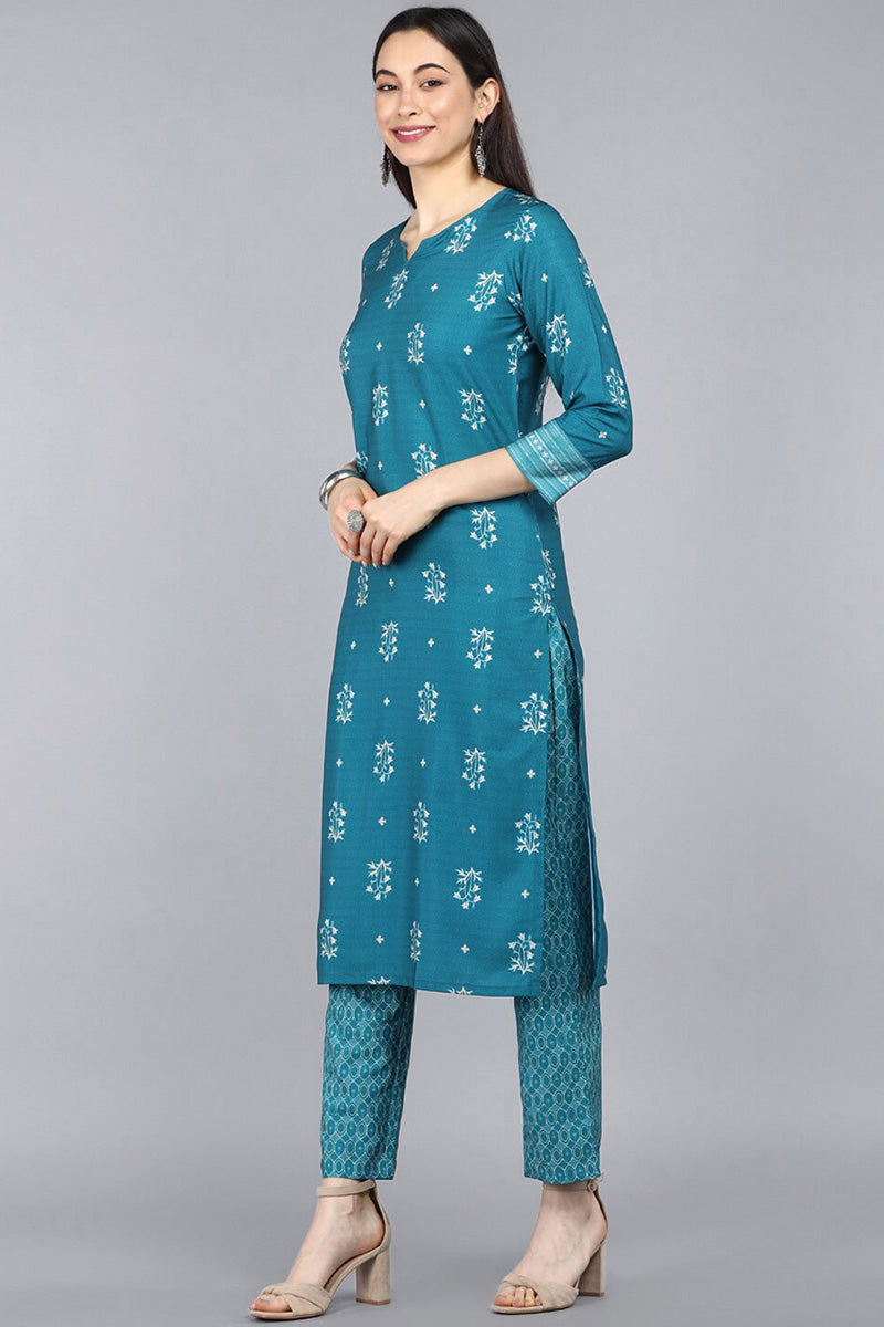 Teal Blue Poly Crepe Ethnic Motifs Straight Suit Set PKSKD1091