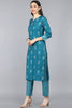 Teal Blue Poly Crepe Ethnic Motifs Straight Suit Set PKSKD1091