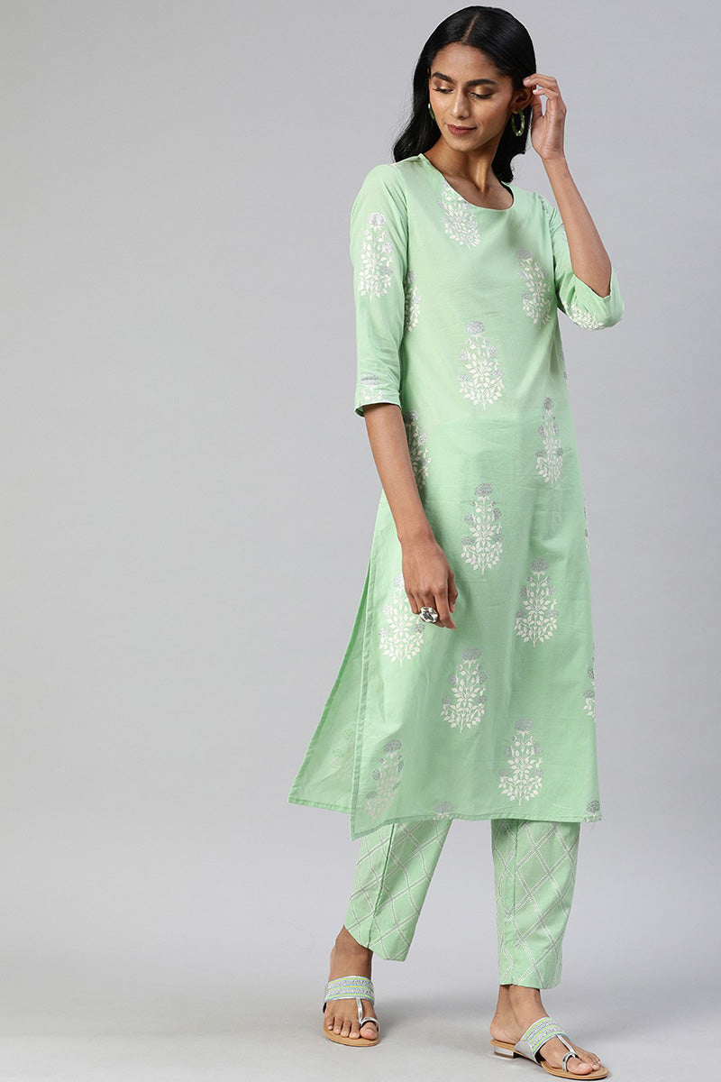  Women Sea Green White Printed Kurta with Pyjamas Set