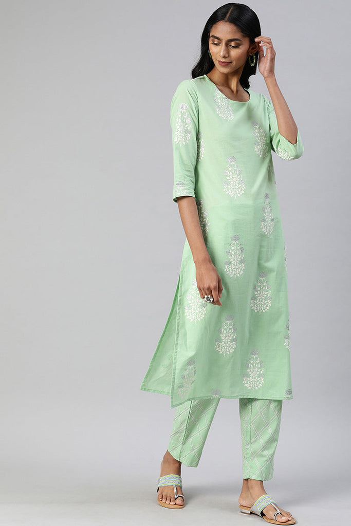  Women Sea Green White Printed Kurta with Pyjamas Set