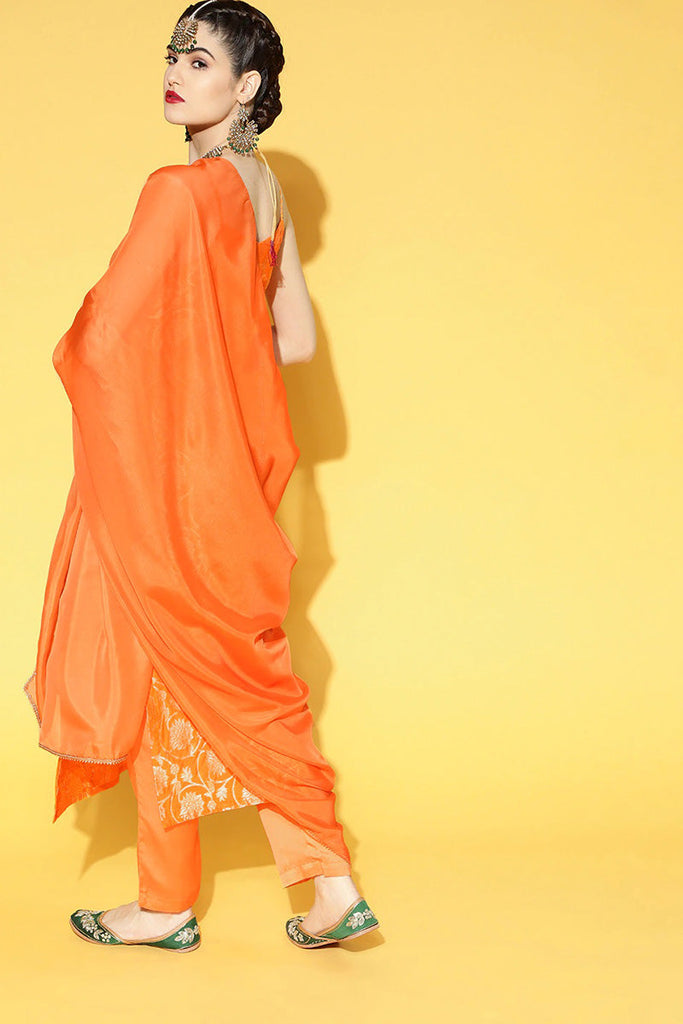  Women Orange Floral Woven Design Pure Cotton Kurta with Trousers With Dupatta Set