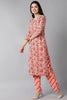  Women Peach Coloured Ethnic Motifs Printed Cotton Kurta with Trousers Dupatta Set