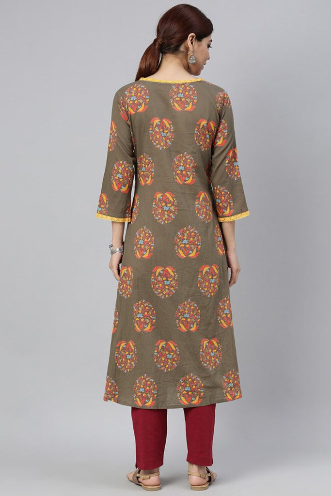  Women Taupe Yellow Floral Printed Kurta with Lace Detail