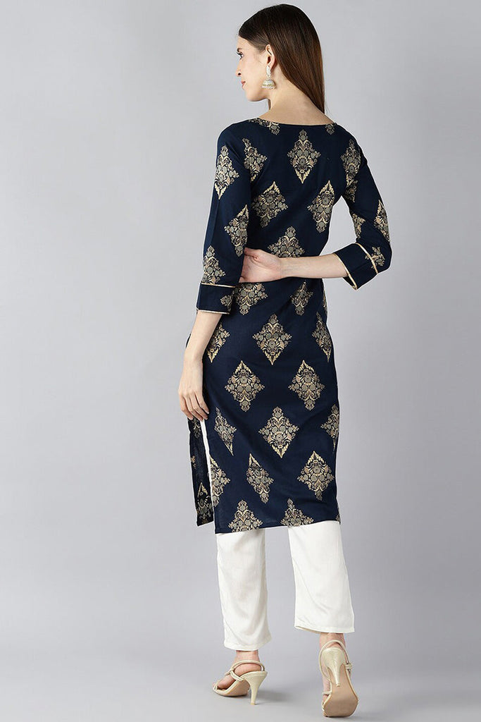   Navy Blue And Off White Floral Printed Cotton Straight Kurta