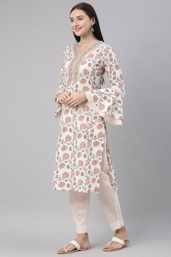  Women Cotton White Floral Printed Straight Kurta Pant Dupatta Set