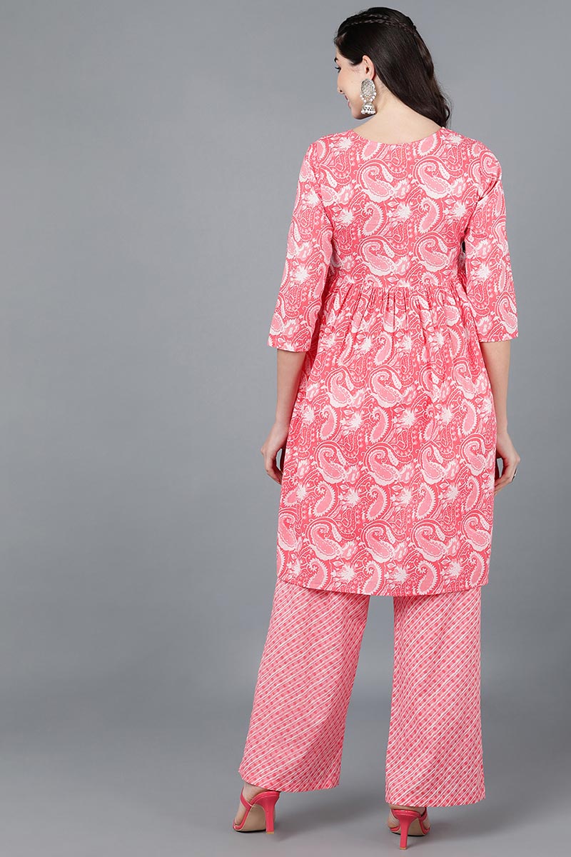  Women Pink Pure Cotton Printed Kurta Trousers