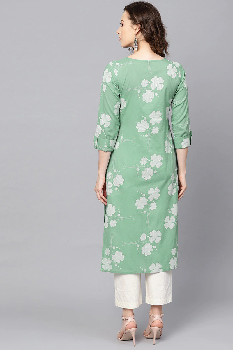   Cotton Green Floral Printed Straight Kurta