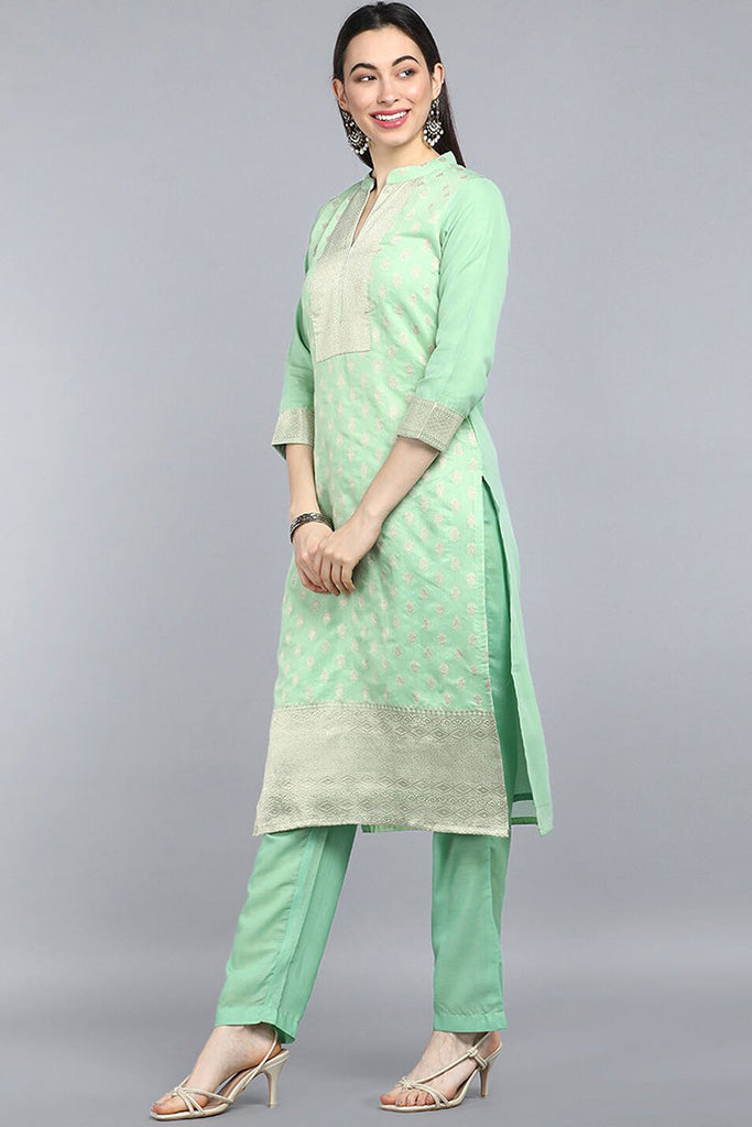  Women Lime Green Gold-Toned Ethnic Motifs Kurta With Trousers Dupatta