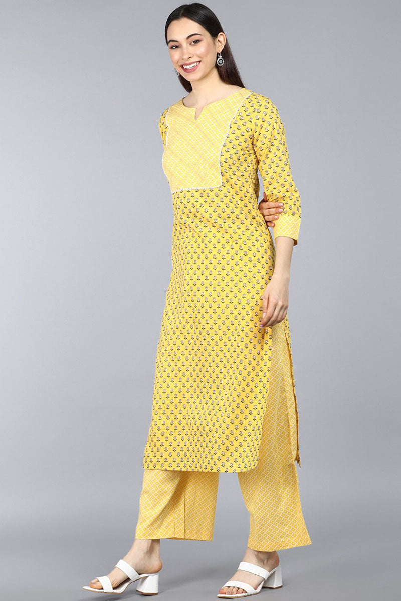  Women Yellow Ethnic Motifs Printed Pure Cotton Kurta Set With Dupatta