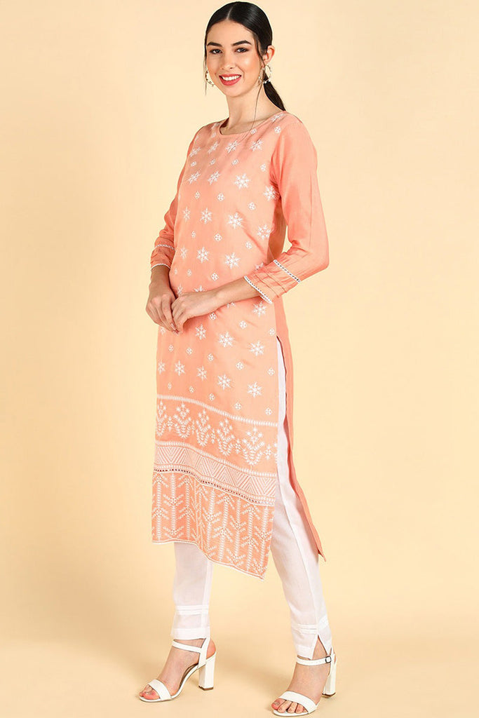  Women Peach Embroidered Kurta Trousers With Dupatta 