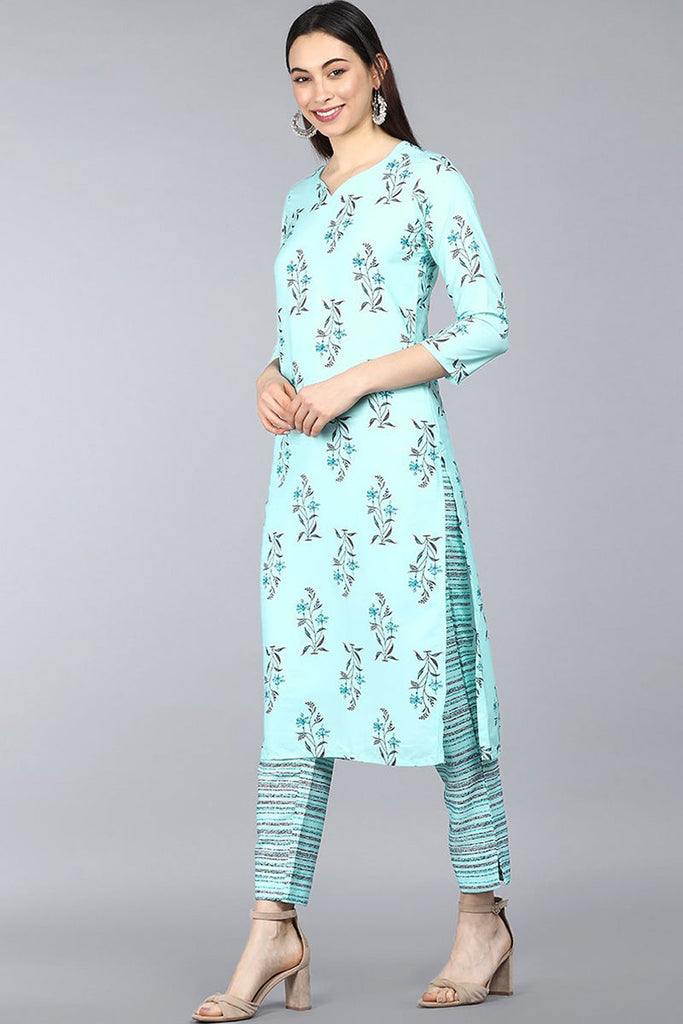  Women Turquoise Blue Floral Printed Kurta with Trousers Dupatta 