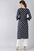   Navy Blue And Gold Toned Floral Printed Straight Kurta