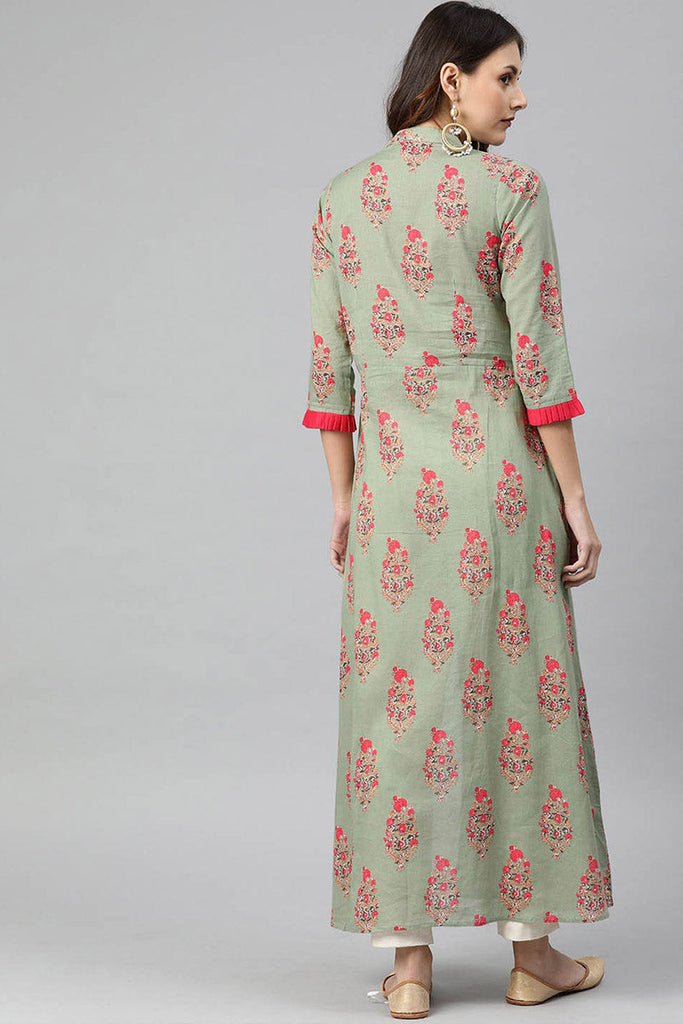   Green And Red Printed A Line Kurta