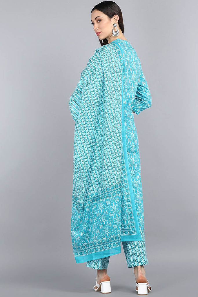  Women Turquoise Blue Ethnic Motifs Printed Pure Cotton Kurta