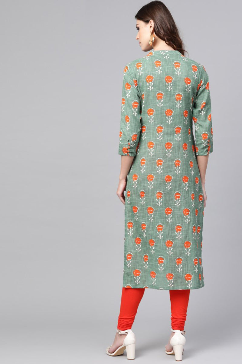   Casual Wear Cotton Fabric Sea Green Printed Trendy Kurti