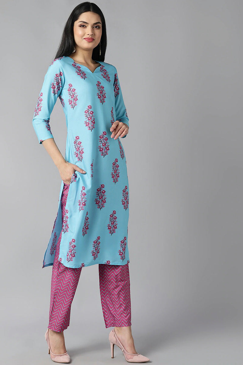  Women Blue Ethnic Motifs Embroidered Panelled Kurti with Salwar With Dupatta Set