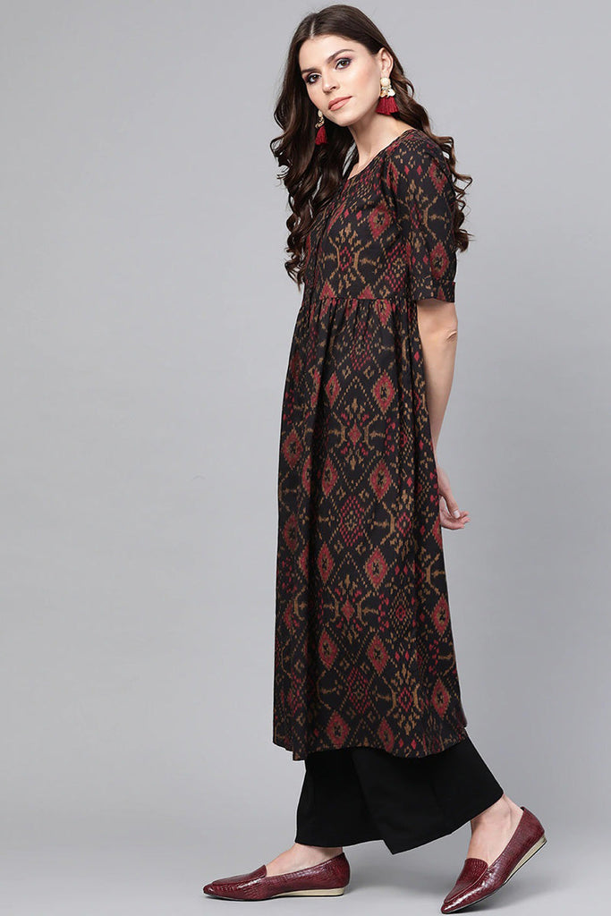 Black & Maroon color cotton fabric Printed A-Line Kurta