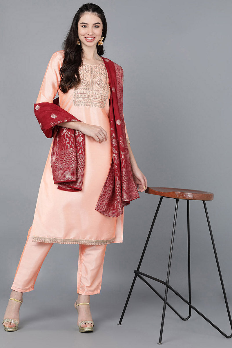  Women Peach Poly Silk Embroidered Kurta Trousers With Dupatta