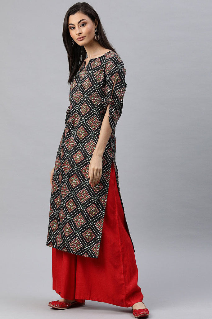   Black And Brown Bandhani Printed Straight Kurta