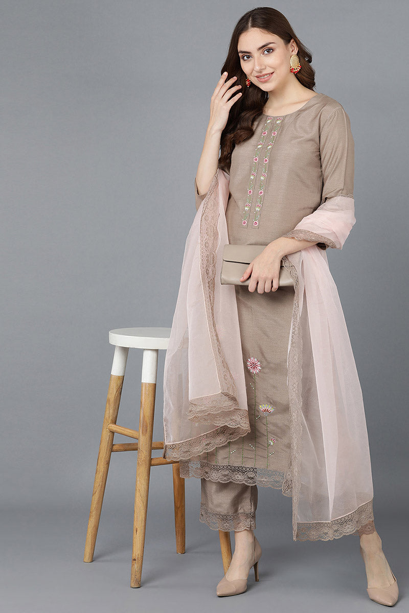  Women Nude Poly Silk Embroidered Kurta Trousers With Dupatta 