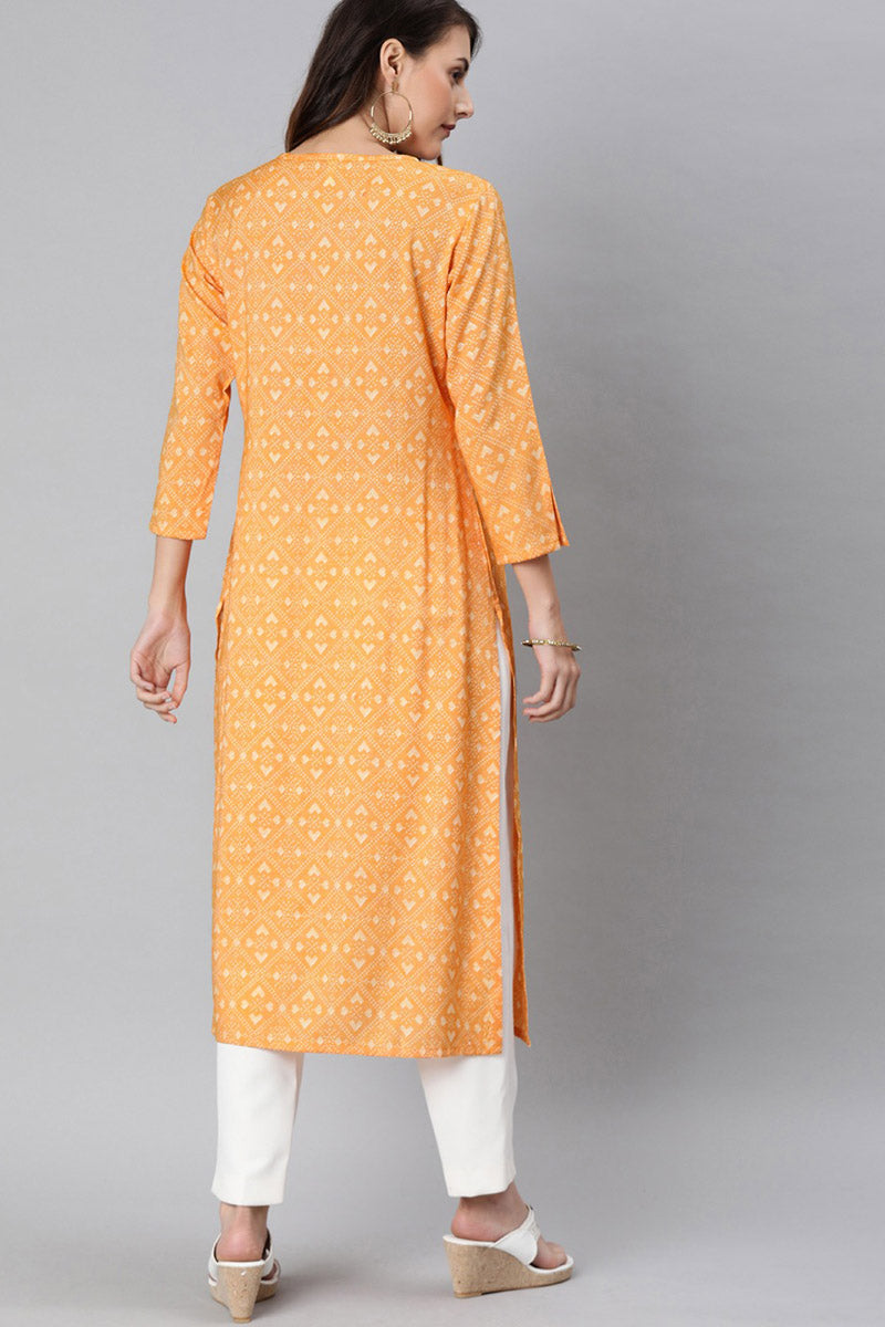   Orange And White Cotton Printed Straight Kurta