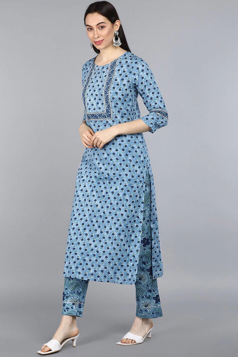  Women Blue Floral Printed Pure Cotton Kurta with Trousers  With Dupatta